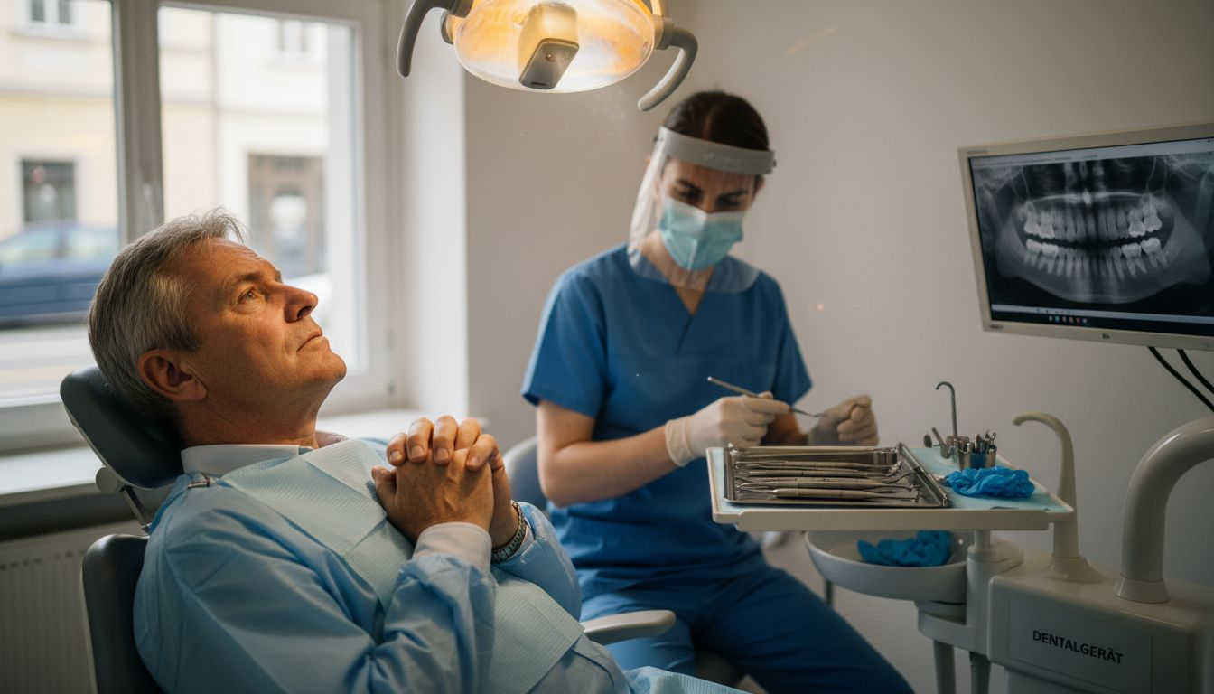Ein Patient sitzt im Wartezimmer und wartet auf seine Zahnbehandlung.
