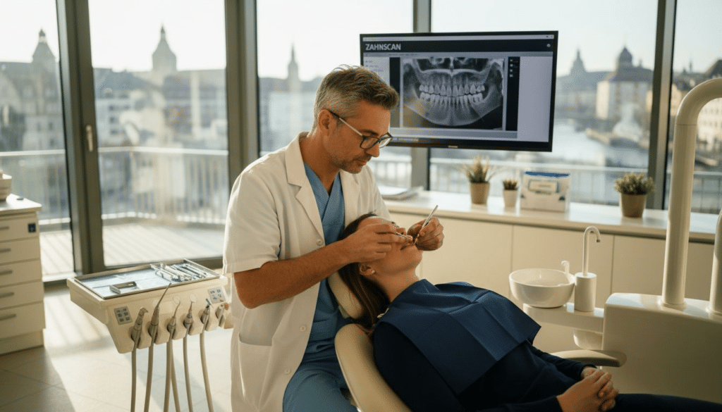Der Zahnarzt setzt seinem Patienten eine hochwertige Keramikkrone ein.
