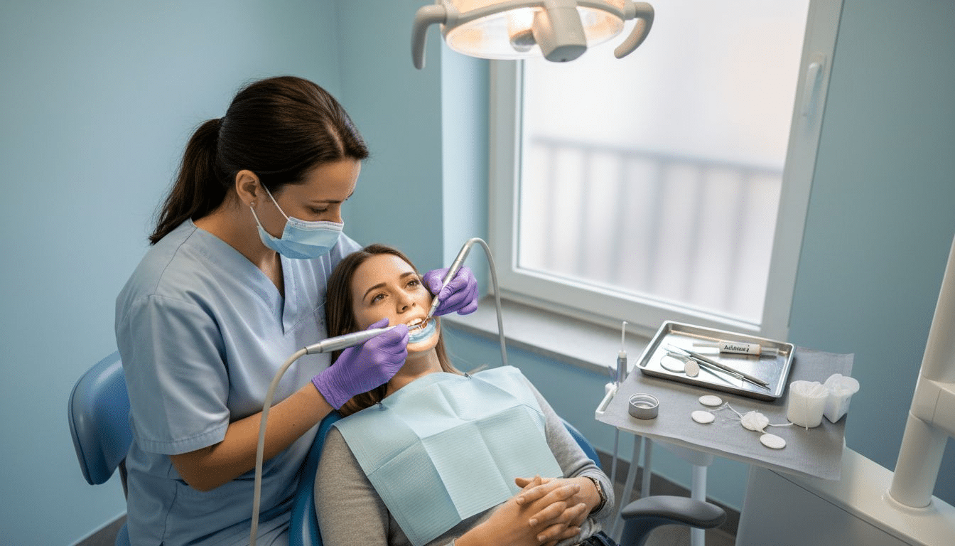 Eine Zahnärztin bereitet einen Zahn für das Anbringen eines Veneers vor.