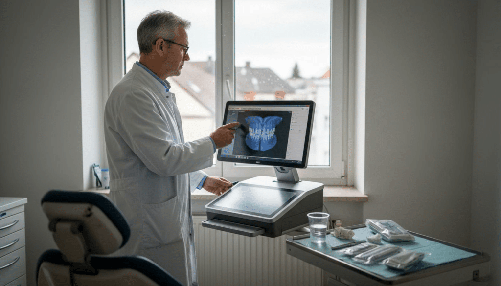 Ein Zahnarzt arbeitet im Behandlungsraum mit einem digitalen Scanner.