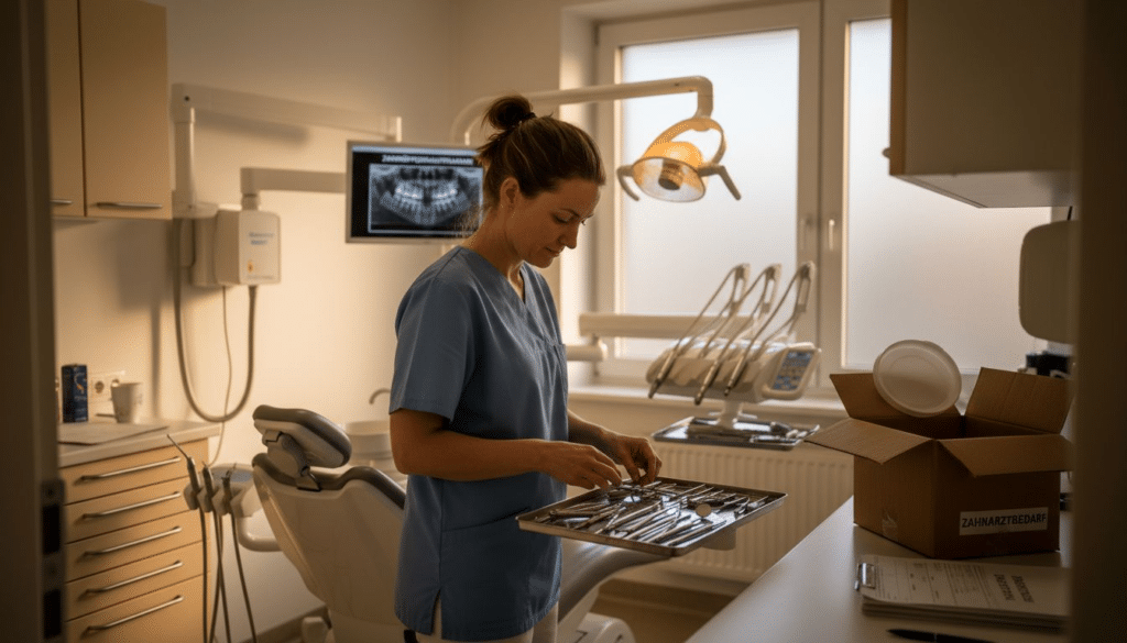 Bevor die Behandlung beginnt, bereitet der Zahnarzt die Instrumente in der Praxis sorgfältig vor.