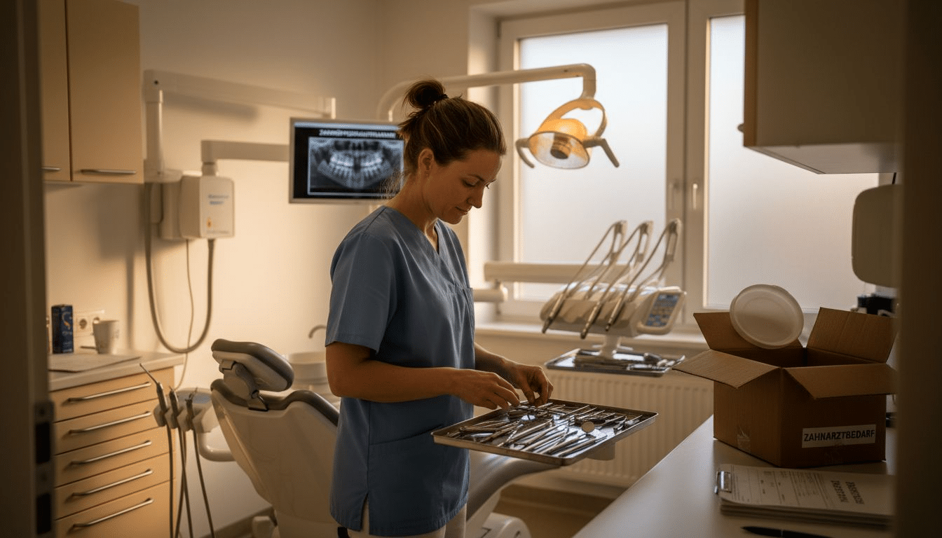 Bevor die Behandlung beginnt, bereitet der Zahnarzt die Instrumente in der Praxis sorgfältig vor.