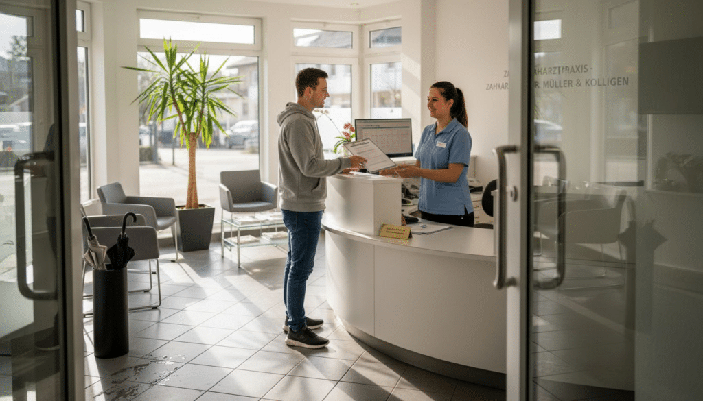Der einladende Empfangsbereich einer modernen Zahnarztpraxis in Leipzig