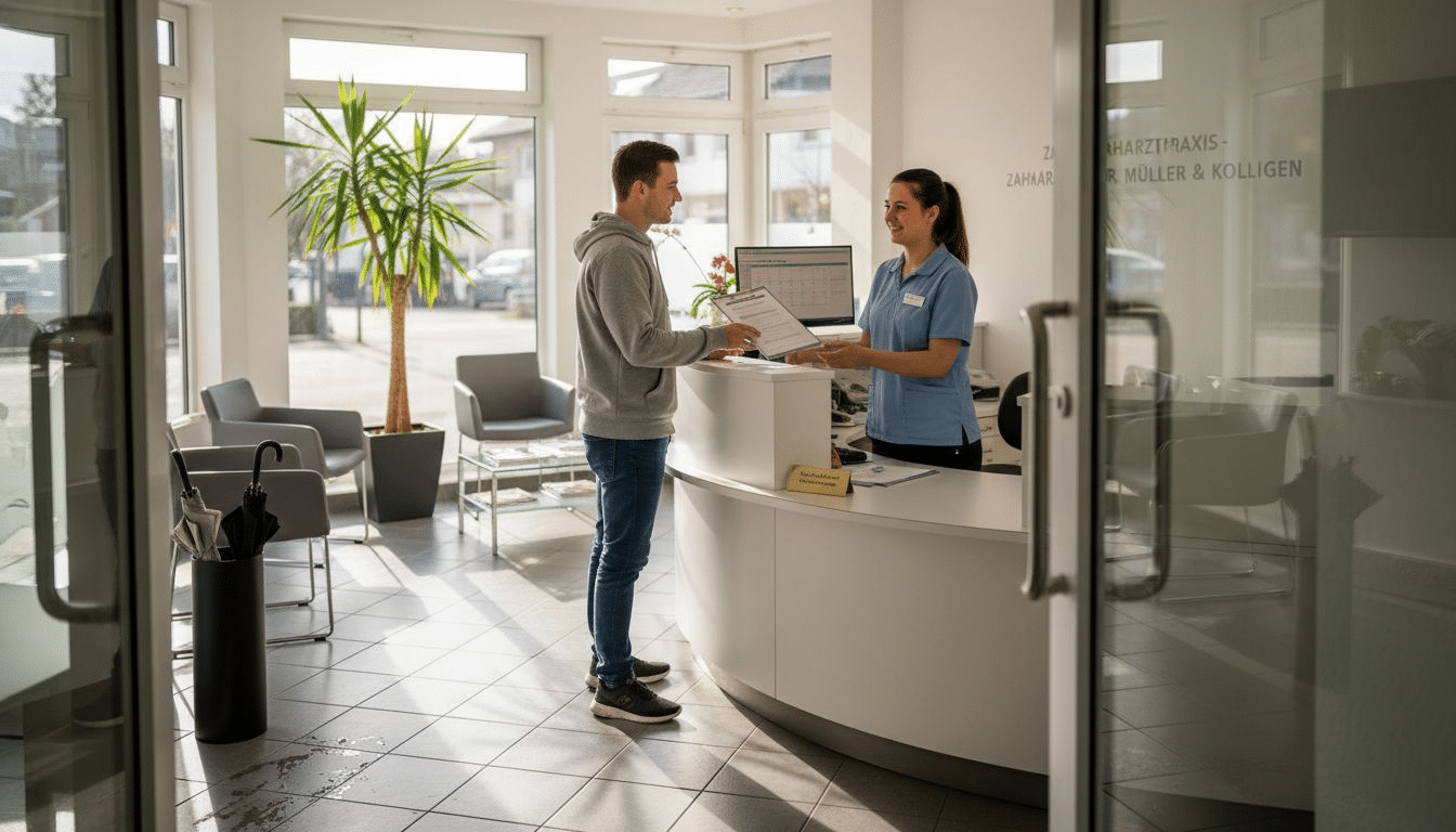 Der einladende Empfangsbereich einer modernen Zahnarztpraxis in Leipzig
