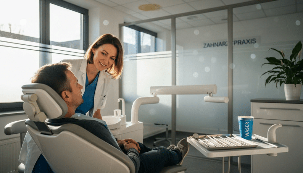 Ein Zahnarzt nimmt sich Zeit, um einen ängstlichen Patienten in der Praxis zu beruhigen. Mit einfühlsamen Worten erklärt er die nächsten Schritte und geht auf die Sorgen des Patienten ein, damit dieser sich sicher und gut aufgehoben fühlt.