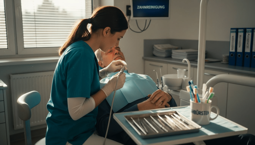 Eine Dentalhygienikerin führt eine professionelle Zahnreinigung durch.