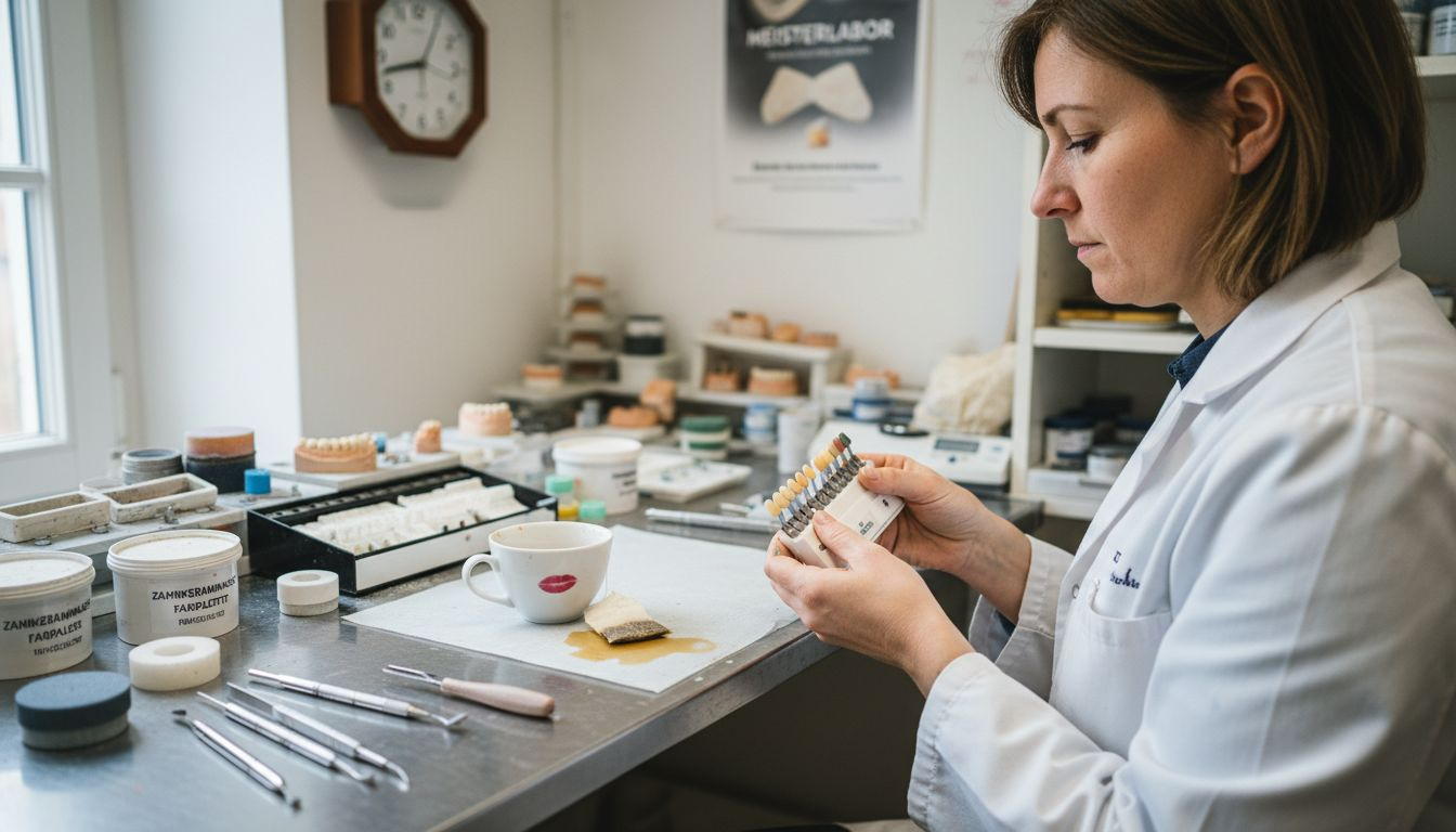 Der Zahntechniker stimmt die Zahnfarbe und das Material sorgfältig ab.