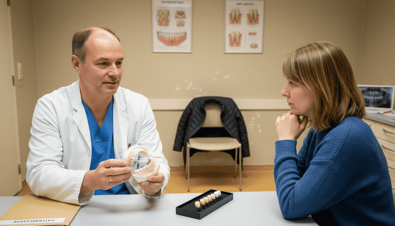 Der Zahnarzt informiert seine Patientin ausführlich über die verschiedenen Möglichkeiten für Zahnersatz.