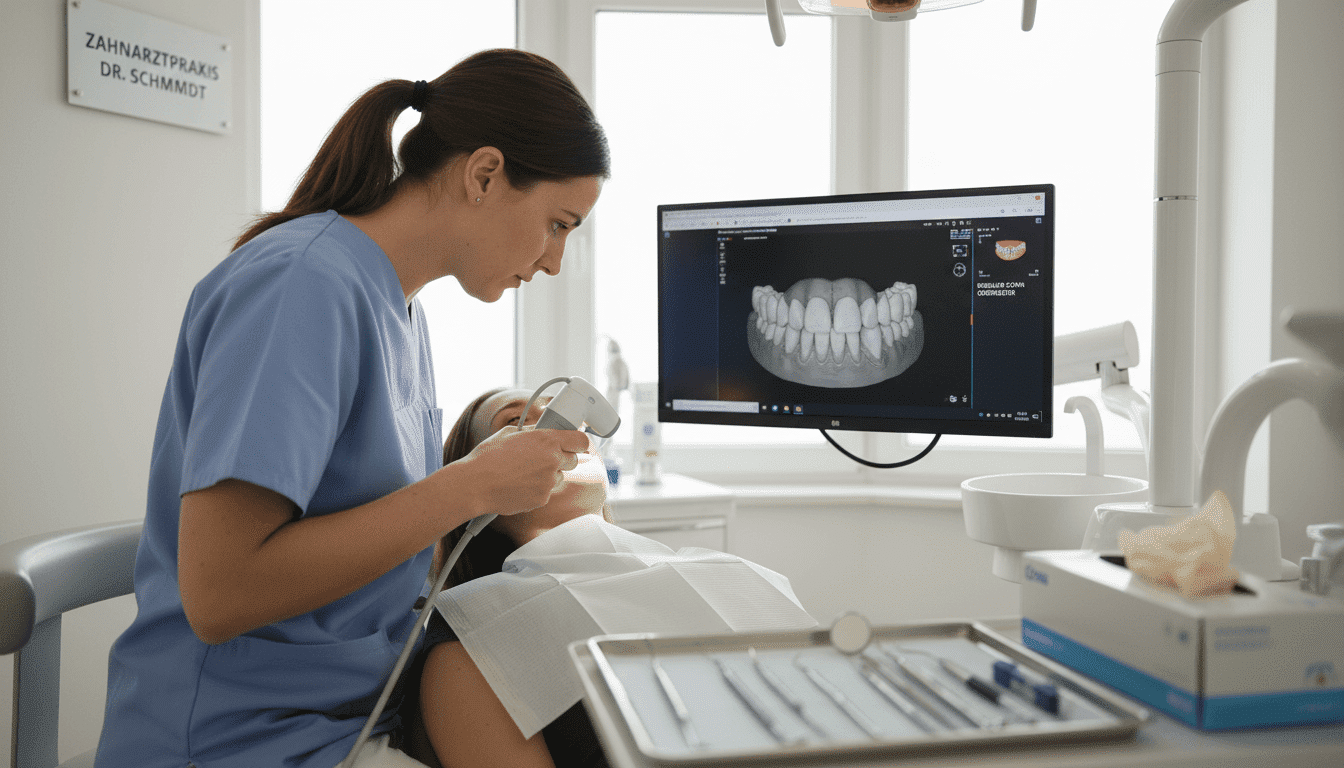 Ein Zahntechniker arbeitet mit einem hochmodernen 3D-Scanner im Dentallabor.