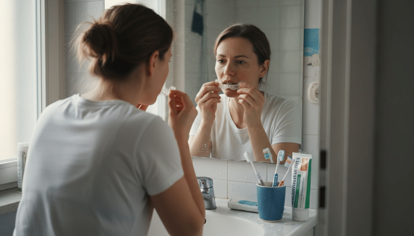 Eine Frau hellt ihre Zähne zu Hause mit einer Zahnschiene auf.