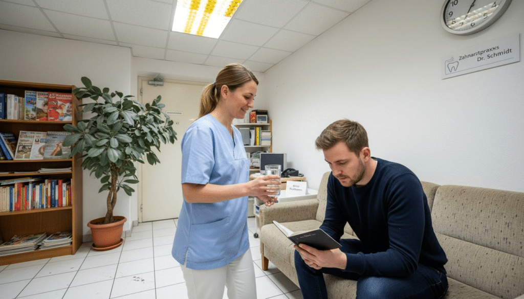 Zahnarzt begrüßt einen nervösen Patienten einfühlsam in der Praxis.