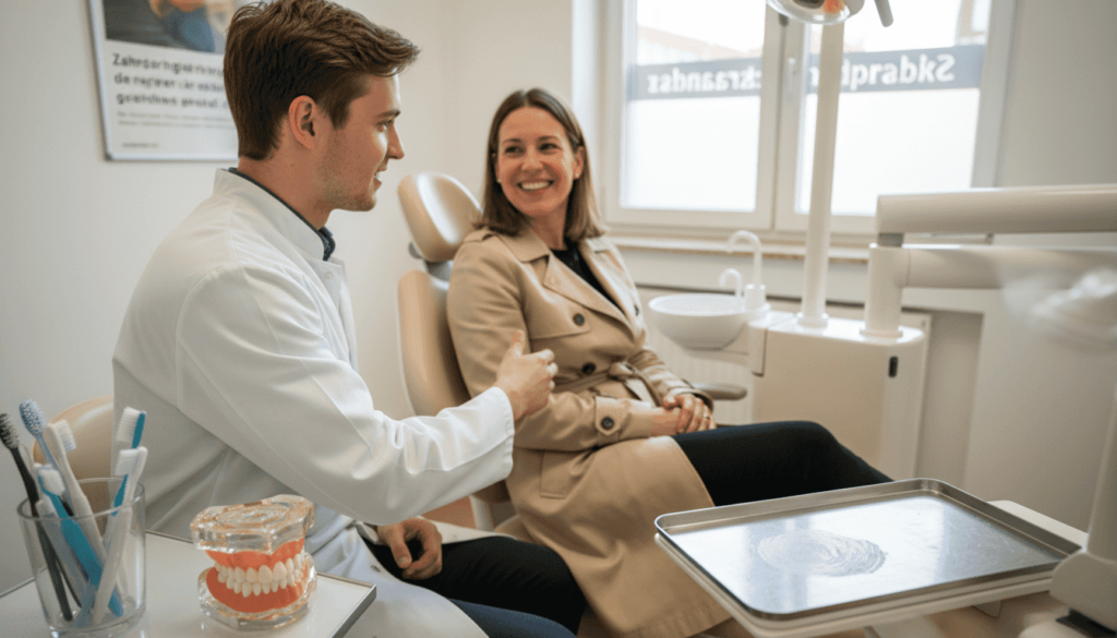 Der Zahnarzt heißt seine Patientin in der Praxis herzlich willkommen.