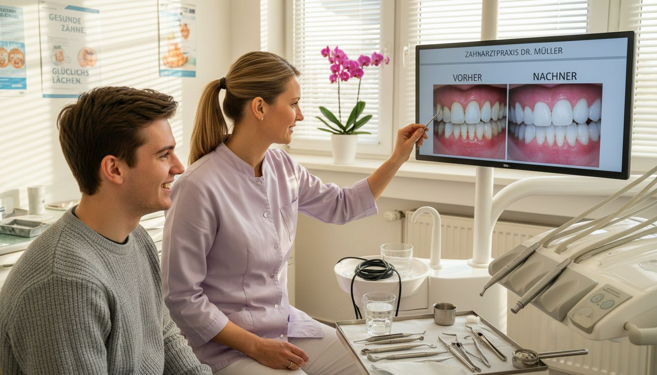 Der Zahnarzt spricht mit seinem Patienten über Möglichkeiten, das Lächeln zu verschönern und gemeinsam eine individuelle Lösung zu finden.