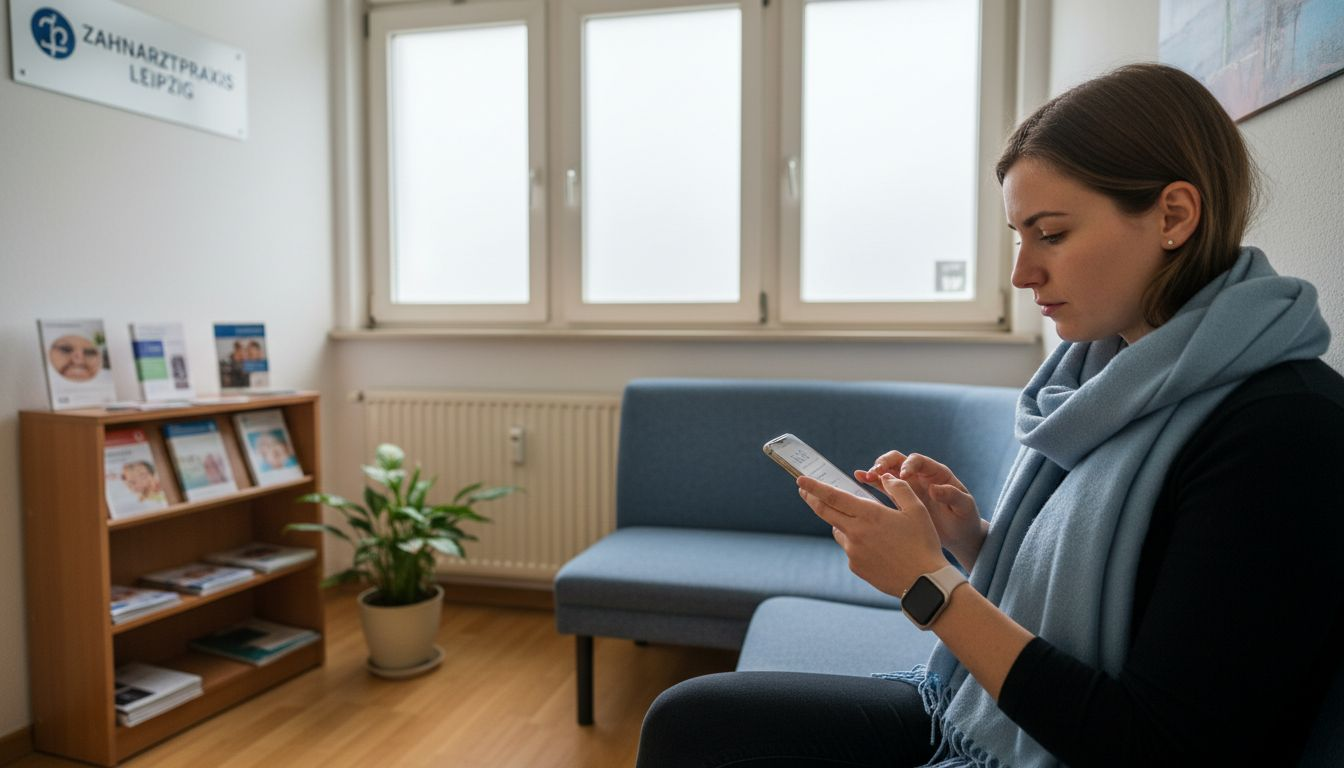 Ein Patient sitzt im Wartezimmer und bucht bequem online seinen nächsten Zahnarzttermin.