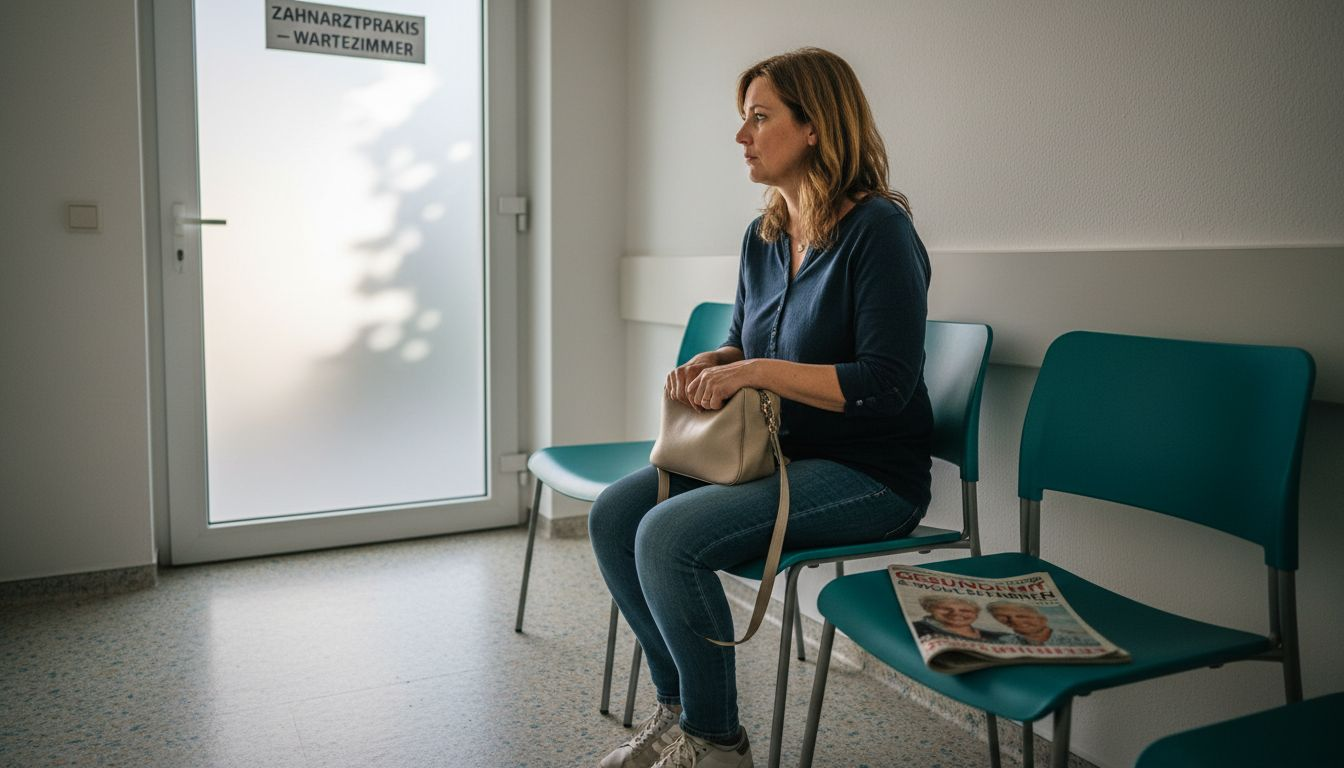 Eine Frau sitzt nervös im Wartezimmer und hat Angst vor dem bevorstehenden Zahnarzttermin.