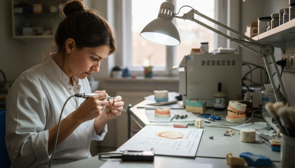 Ein Zahntechniker fertigt im hochmodernen Labor eine passgenaue Zahnkrone an.