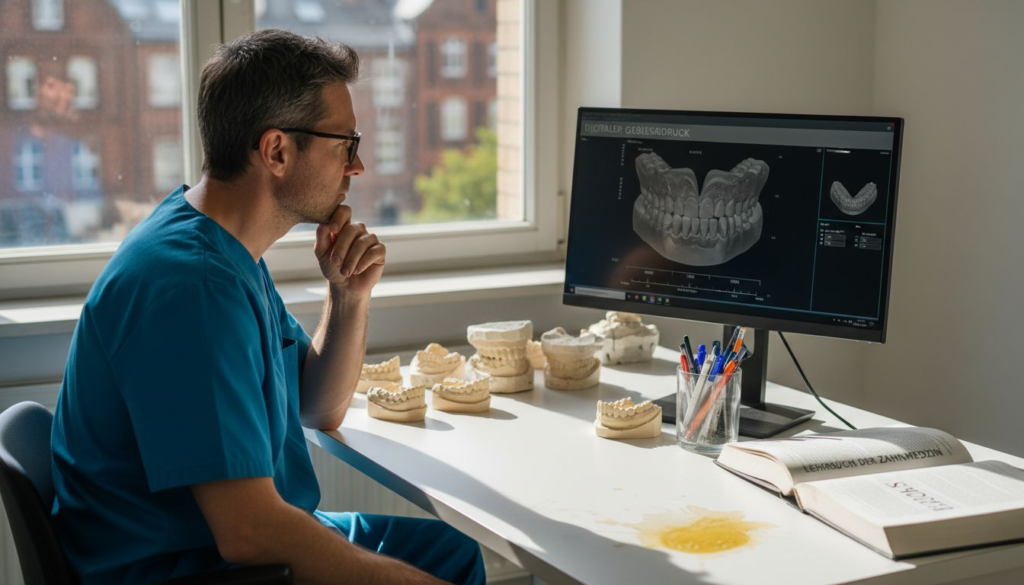 Ein Zahnarzt begutachtet am Bildschirm ein digitales 3D-Modell des Gebisses.