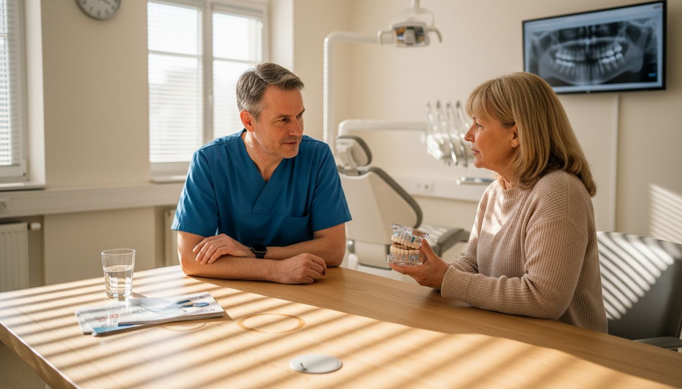 Der Zahnarzt berät eine Patientin ausführlich zum Thema Zahnimplantate.