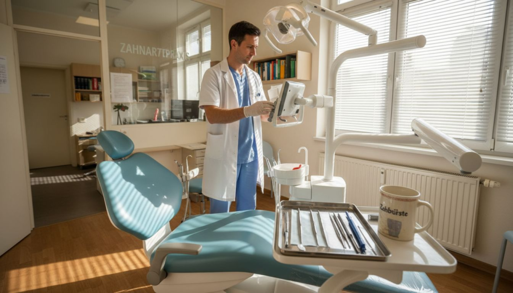 Ein Zahnarzt passt in seiner Leipziger Praxis digitale Röntgenaufnahmen an.