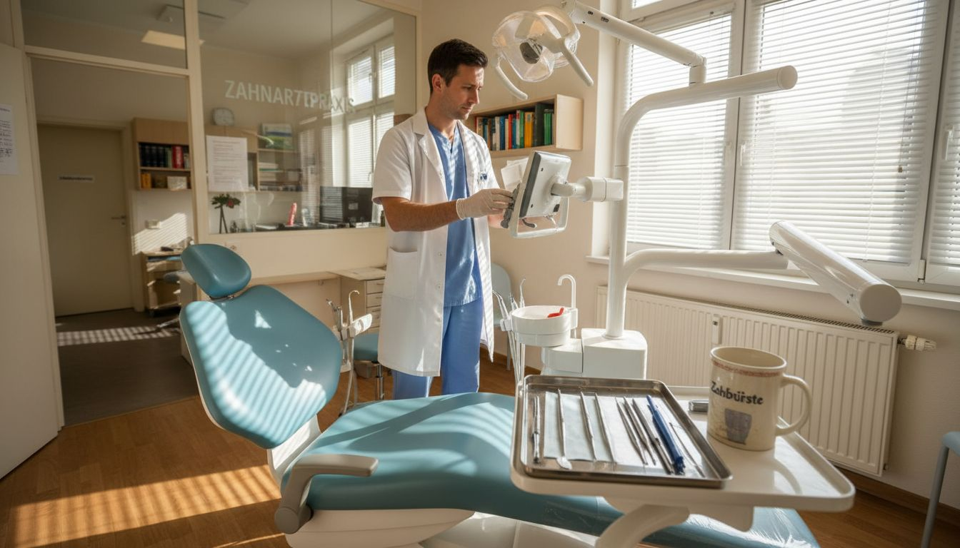 Ein Zahnarzt passt in seiner Leipziger Praxis digitale Röntgenaufnahmen an.