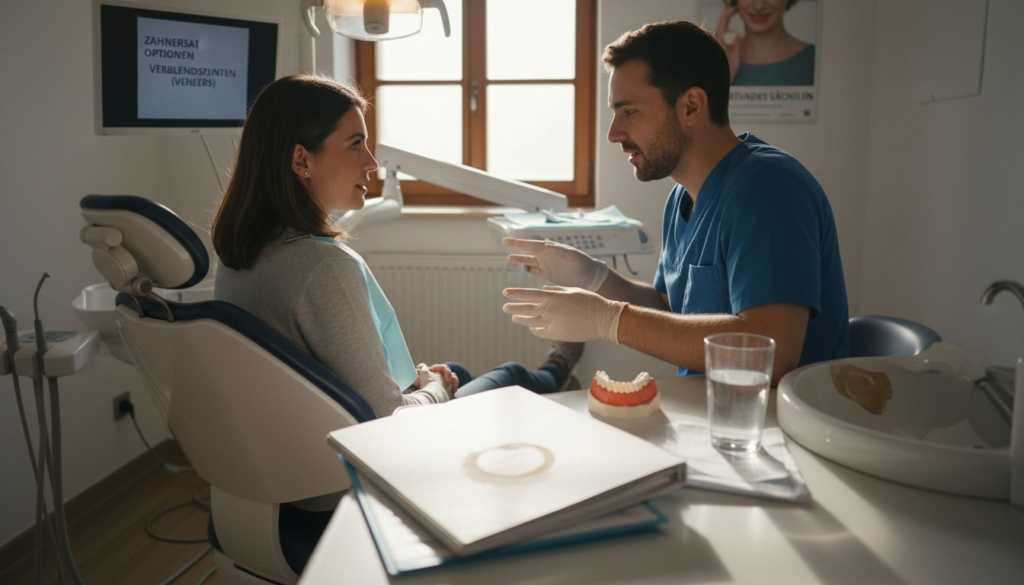Ein Patient lässt sich vom Zahnarzt ausführlich über die Möglichkeiten und Vorteile von Veneers beraten.