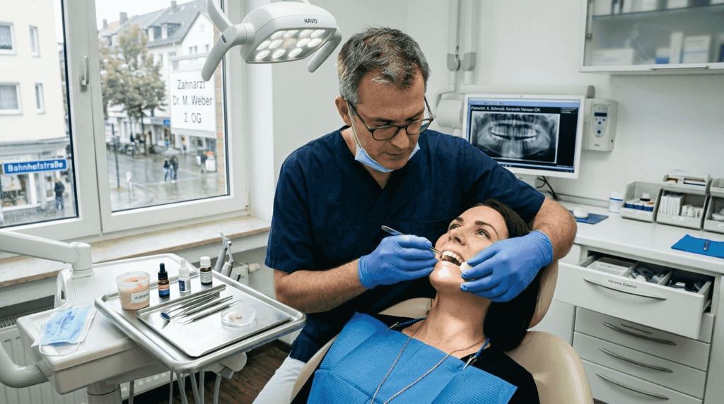 Ein Zahnarzt bringt im Behandlungszimmer eine Veneer auf einem Zahn an.