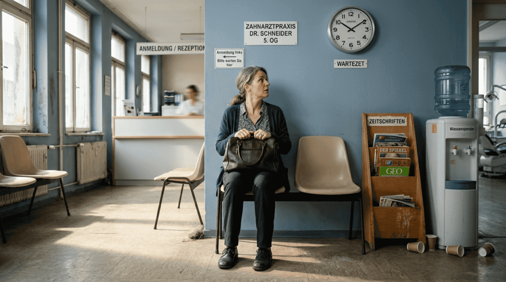 Eine Frau sitzt nervös im Wartebereich der Zahnarztpraxis und ringt mit ihrer Angst vor der Behandlung.