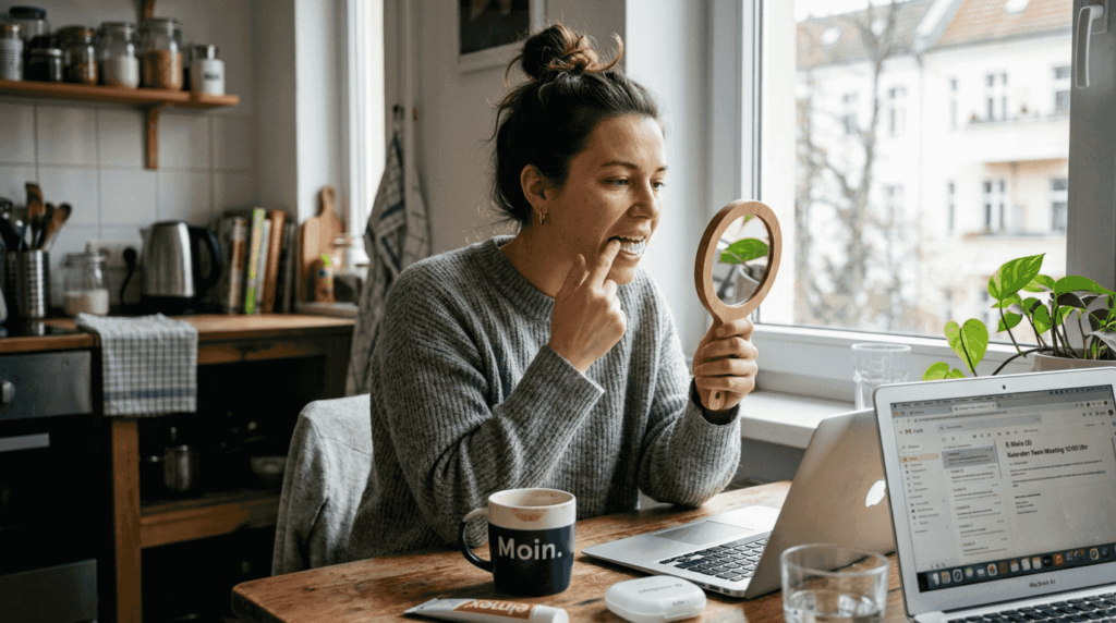 Am Küchentisch setzt sich eine Frau ihre unsichtbare Zahnspange ein.