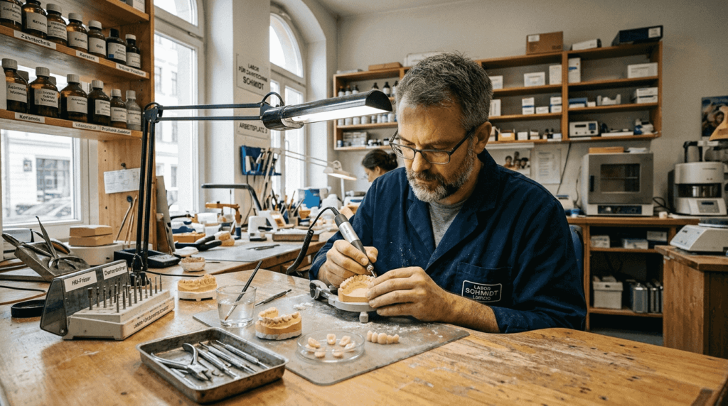 Im Zahntechnischen Labor fertigt ein Spezialist ein Implantat an.