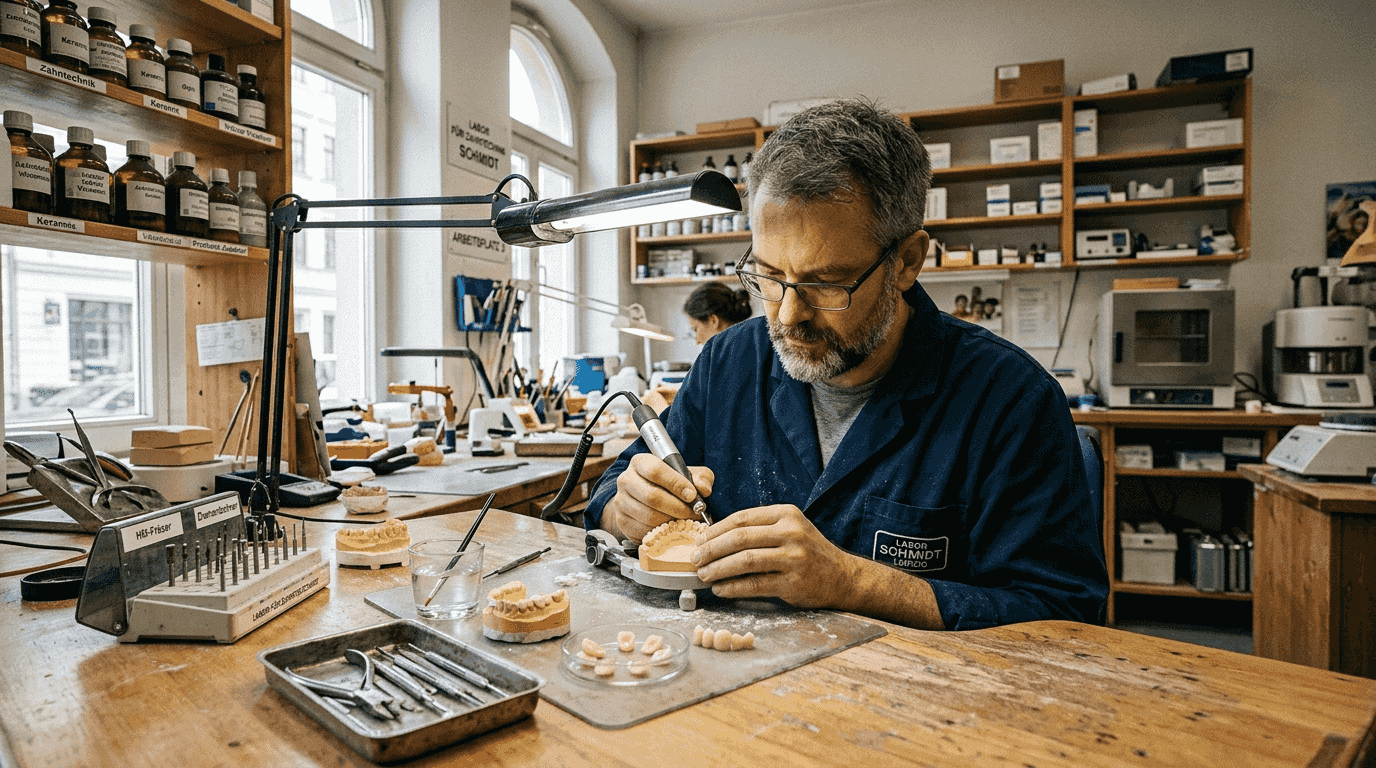 Im Zahntechnischen Labor fertigt ein Spezialist ein Implantat an.