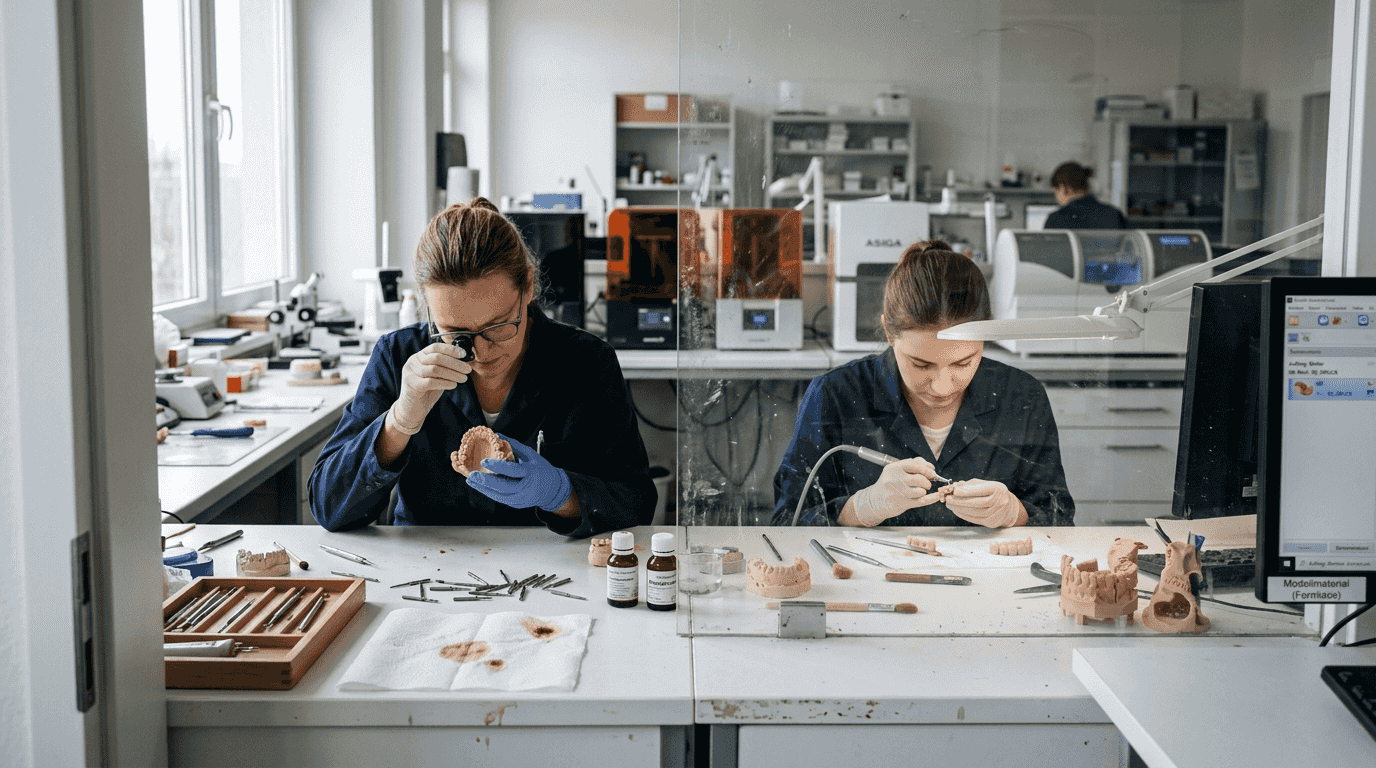 Im Dentallabor begutachten Zahntechniker präzise gefertigte 3D-Modelle von Zähnen.