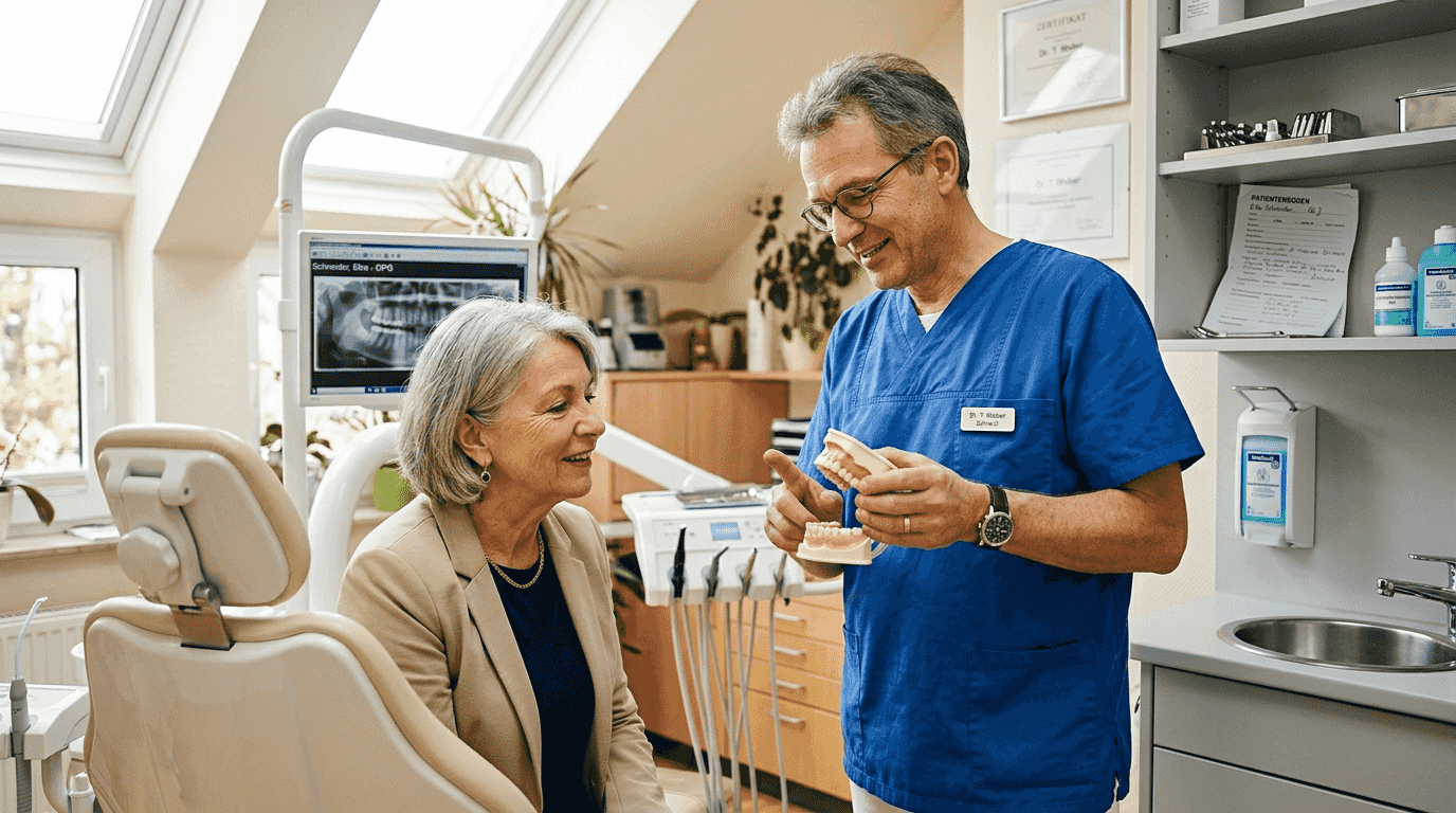 Der Zahnarzt zeigt seiner Patientin anschaulich, wie der geplante Zahnersatz aussehen wird und erklärt ihr die wichtigsten Funktionen des Modells.