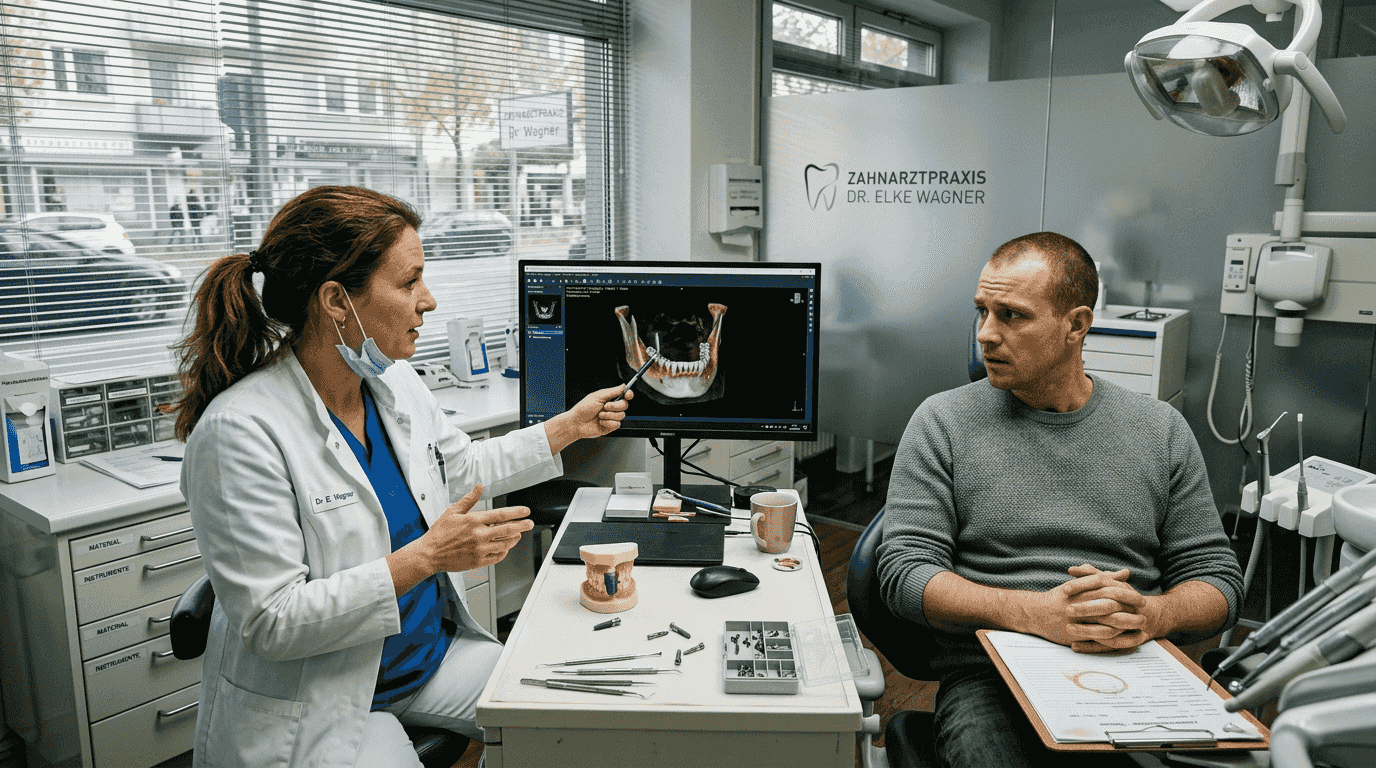 Eine Zahnärztin zeigt ihrem Patienten eine dreidimensionale Aufnahme des Kiefers und erklärt die Befunde anschaulich am Bildschirm.
