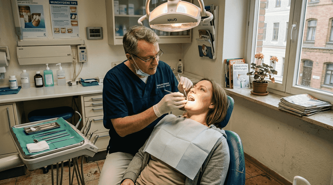 Ein Zahnarzt untersucht einen Patienten in einer Leipziger Zahnarztpraxis.