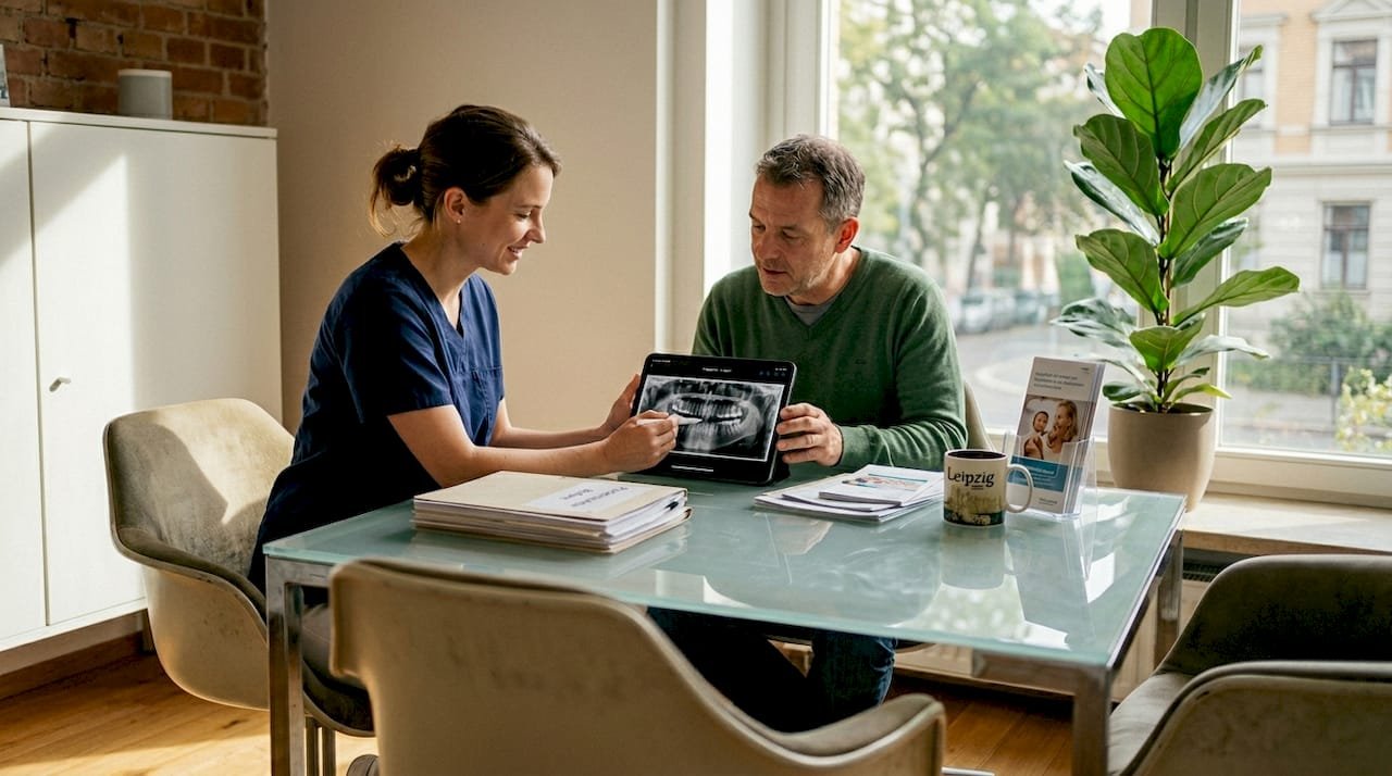 Zahnarzt berät Patient in Leipziger Praxis