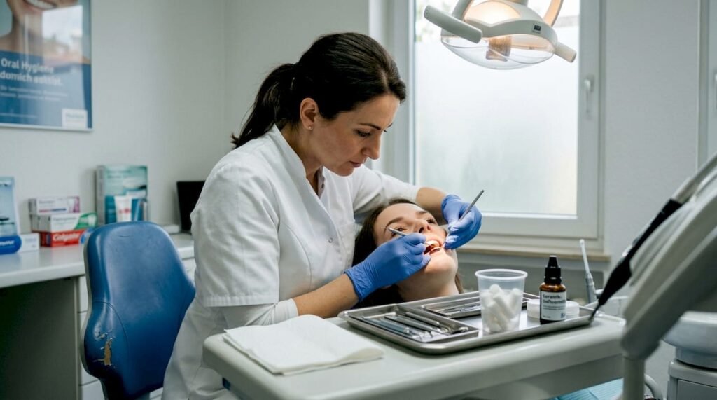 Ein Zahnarzt bringt im Behandlungszimmer eine Veneer auf einem Zahn an.