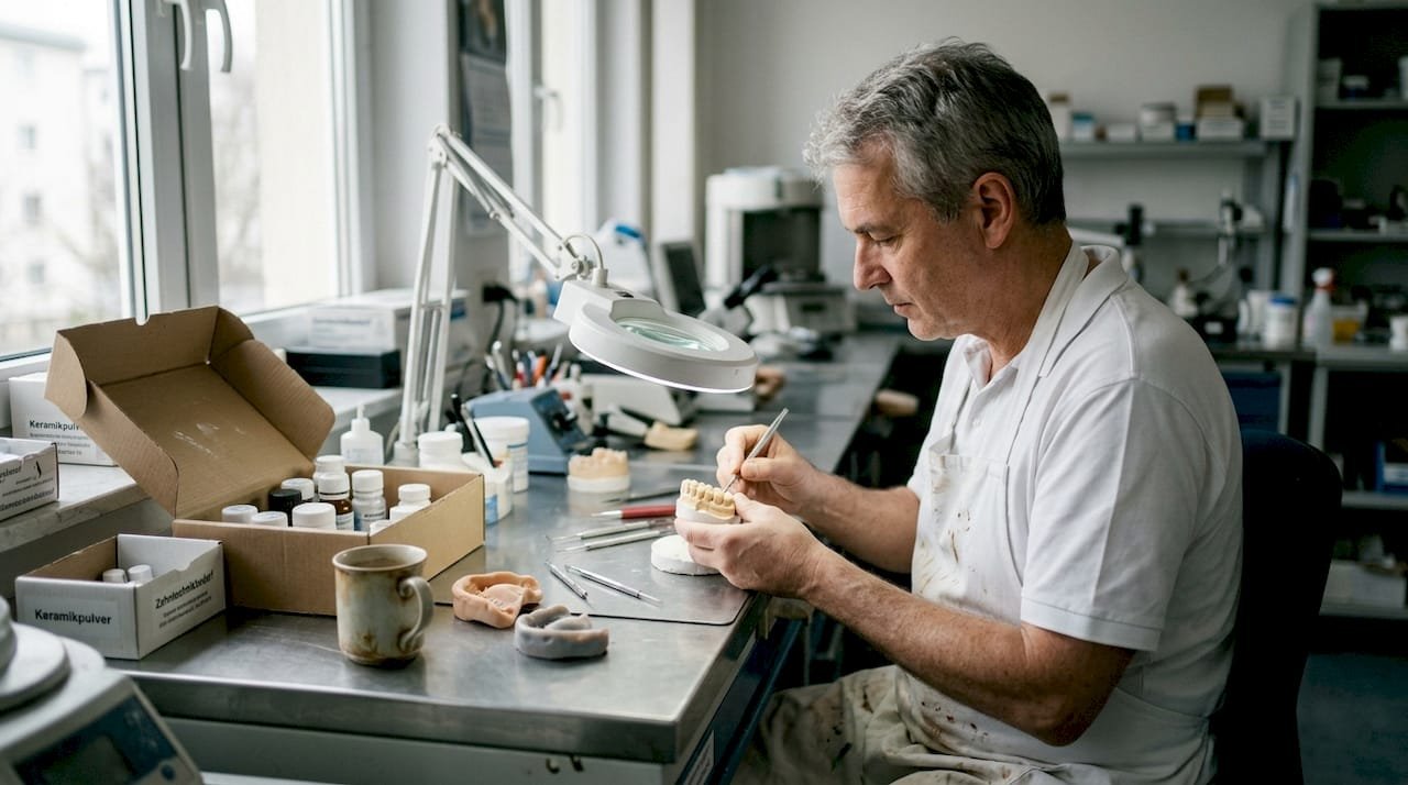 Im zahntechnischen Labor fertigt ein Zahntechniker präzise ein Zahnmodell an.