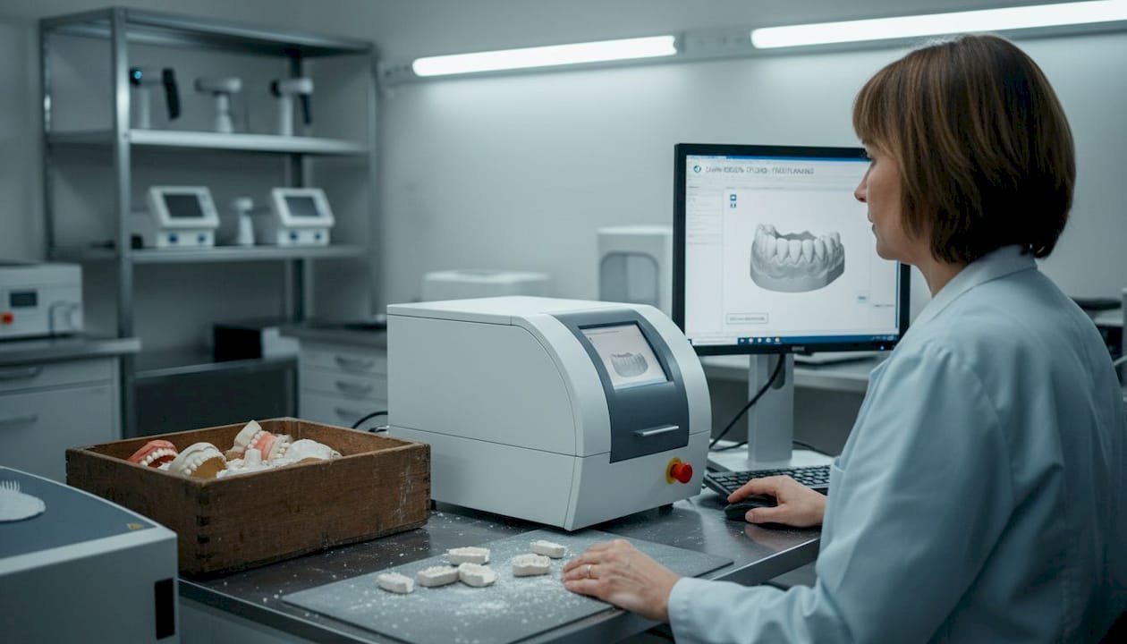 Eine Zahntechnikerin arbeitet am Computer mit modernster CAD/CAM-Technologie.