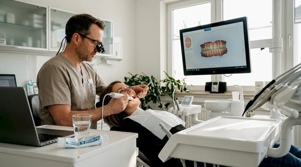 Direkt am Behandlungsstuhl fertigt der Zahnarzt einen digitalen Zahnabdruck an.