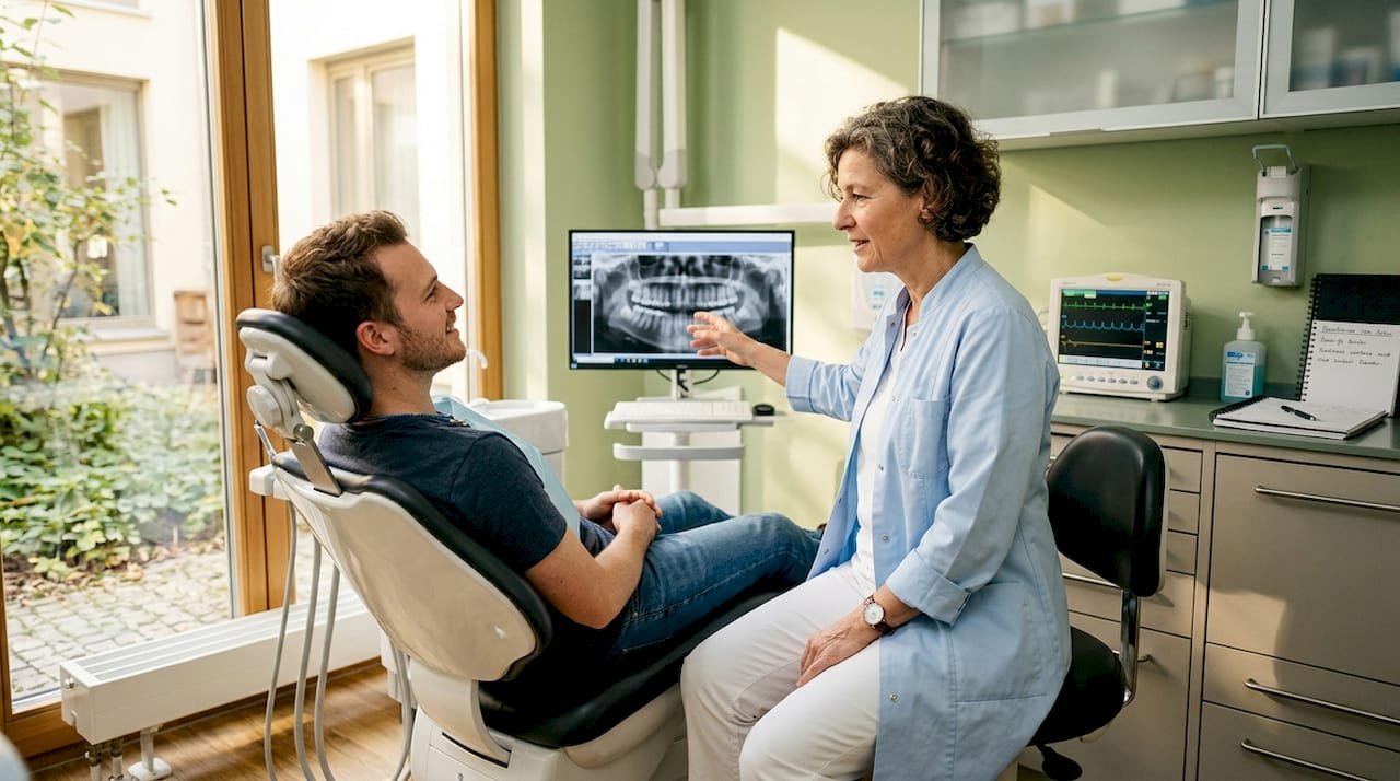 Zahnärztin informiert über schonende Behandlungsmethoden direkt am Arbeitsplatz