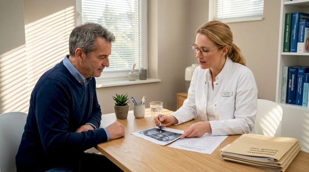 Der Zahnarzt bespricht gemeinsam mit der Patientin die einzelnen Punkte auf seiner Kontrollliste.