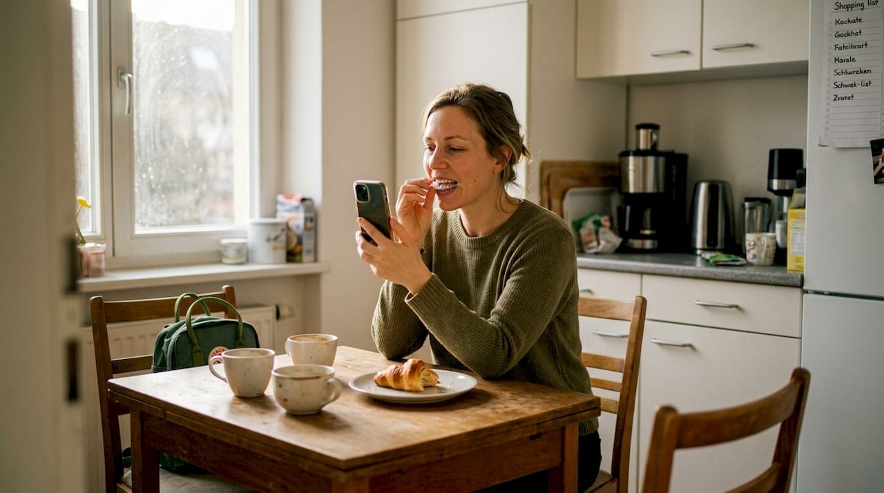 In einer Leipziger Küche setzt eine Frau ihre Zahnschiene ein.