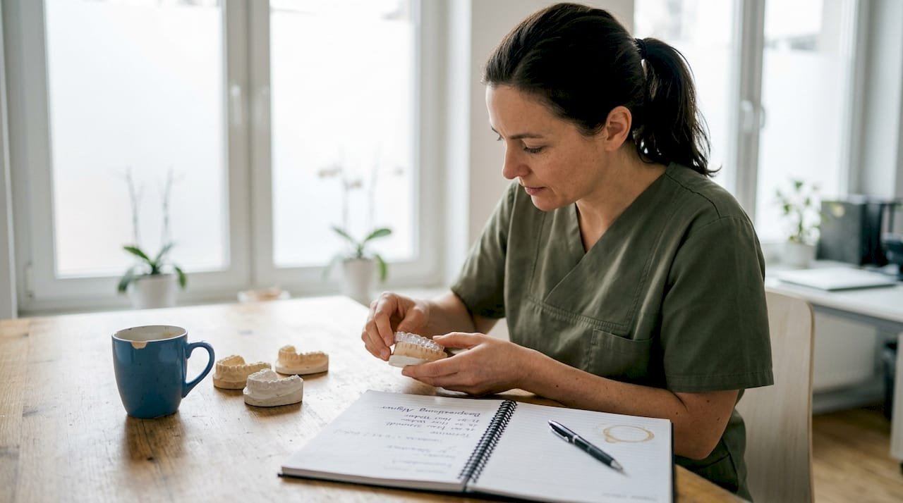In einer hellen Praxis passt der Zahnarzt die Aligner-Schienen individuell an.