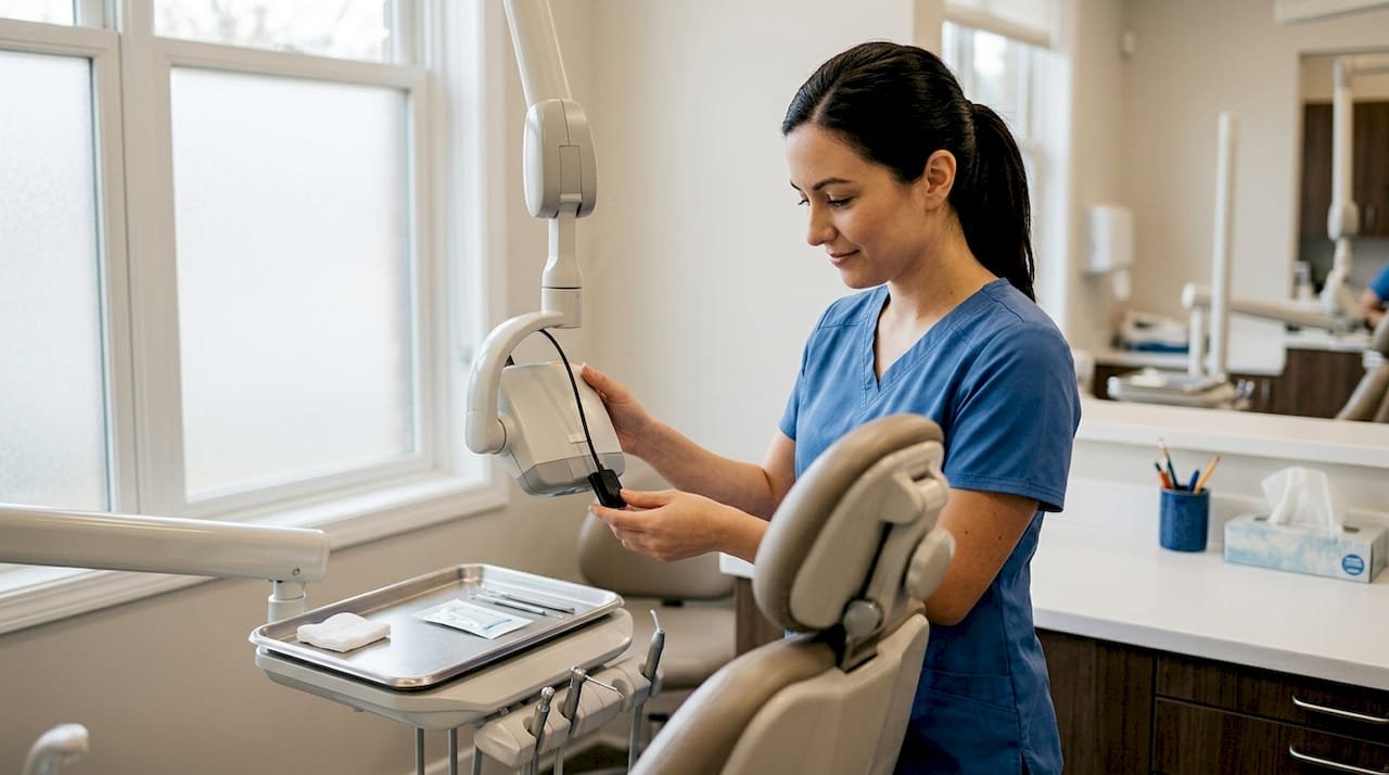 Eine zahnmedizinische Fachangestellte bereitet das digitale Röntgengerät in der Praxis vor.