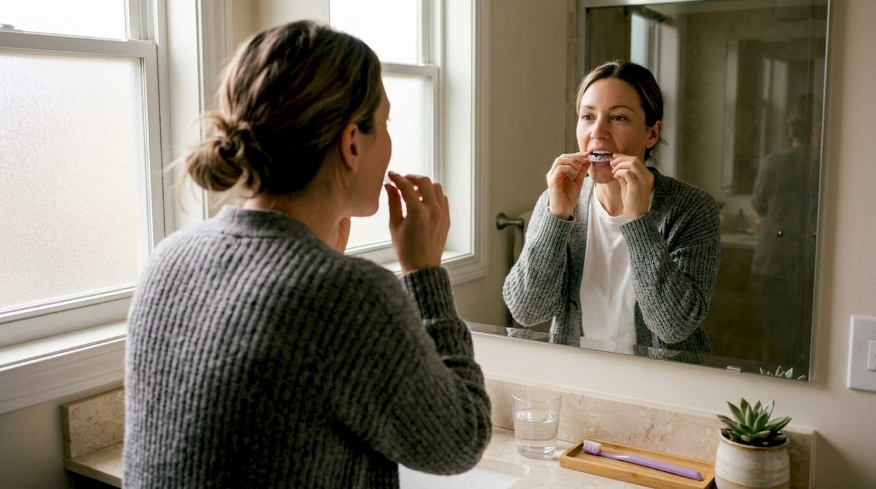 Eine Frau setzt vor dem Badezimmerspiegel ihre transparente Zahnschiene ein.
