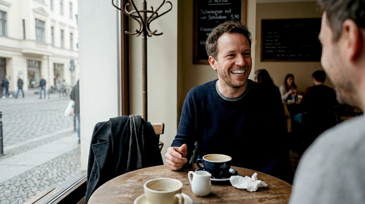 Ein Mann sitzt entspannt im Café und lächelt, während seine transparenten Zahnschienen dezent zu sehen sind.