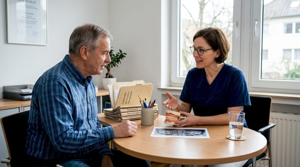 Der Zahnarzt erläutert dem Patienten verständlich, wie ein Zahnimplantat funktioniert und welche Vorteile es bietet.