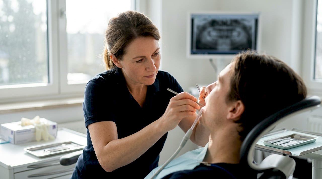 Mit neuesten Geräten sorgt die Zahnärztin für eine schonende Behandlung ihrer Patientin.