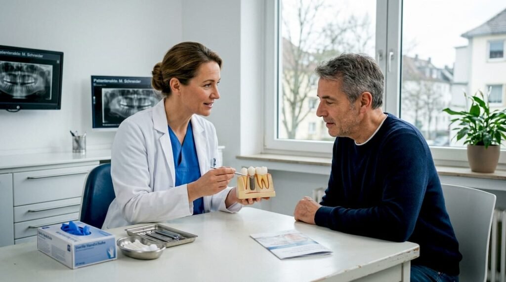 Eine Zahnärztin erklärt ihrem Patienten anschaulich den Ablauf eines Zahnimplantats mithilfe eines Modells.