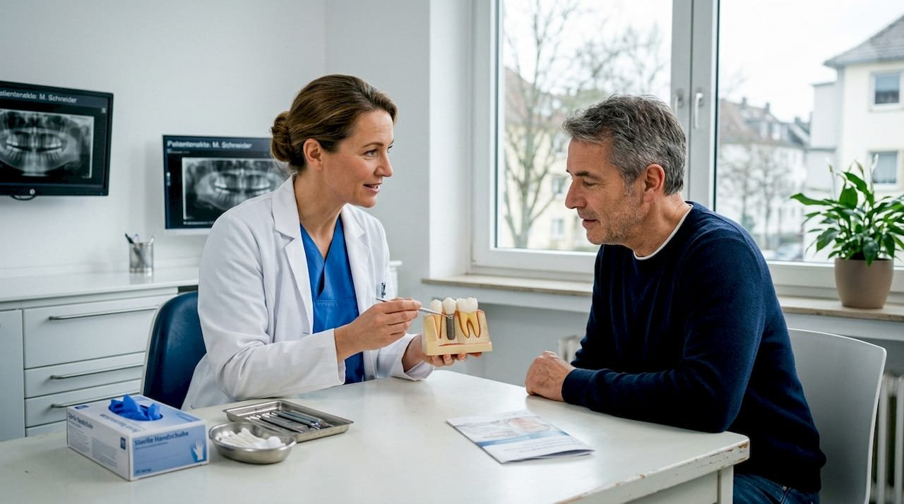 Eine Zahnärztin erklärt ihrem Patienten anschaulich den Ablauf eines Zahnimplantats mithilfe eines Modells.